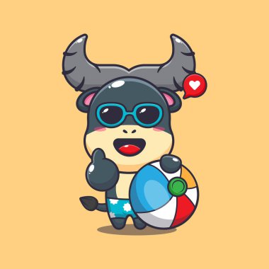 Cute buffalo in sunglasses with beach ball cartoon illustration. Cute summer cartoon illustration. 