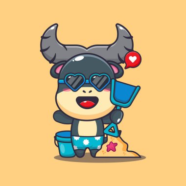 Cute buffalo in sunglasses play sand beach cartoon illustration. Cute summer cartoon illustration. 