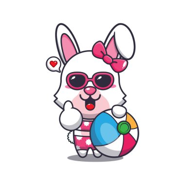 Cute bunny in sunglasses with beach ball cartoon illustration. Cute summer cartoon illustration. 
