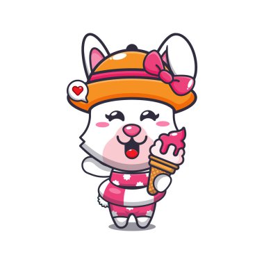 Cute bunny with ice cream on beach cartoon illustration. Cute summer cartoon illustration. 