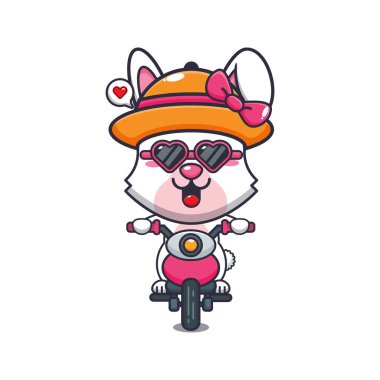 Cool bunny with sunglasses riding a motorcycle in summer day. Cute summer cartoon illustration. 