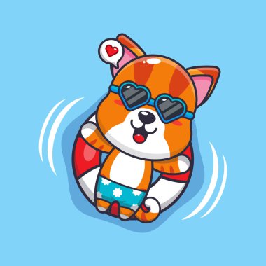 Cute cat in sunglasses float with buoy. Cute summer cartoon illustration. 
