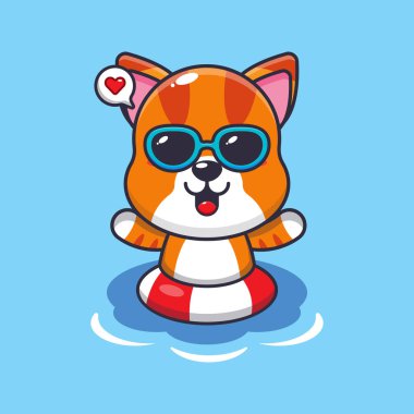 Cute cat in sunglasses swimming on beach. Cute summer cartoon illustration.