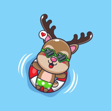 Cute deer in sunglasses float with buoy. Cute summer cartoon illustration. 