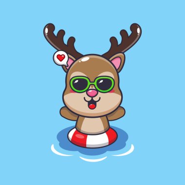 Cute deer in sunglasses swimming on beach. Cute summer cartoon illustration. 