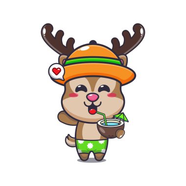 Cute deer drink coconut cartoon illustration. Cute summer cartoon illustration. 