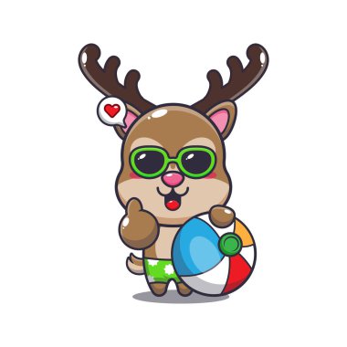 Cute deer in sunglasses with beach ball cartoon illustration. Cute summer cartoon illustration. 