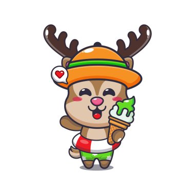 Cute deer with ice cream on beach cartoon illustration. Cute summer cartoon illustration. 