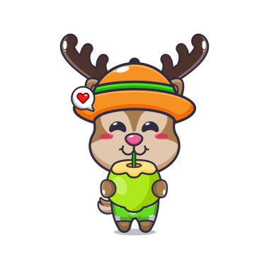 Cute deer drink fresh coconut cartoon illustration. Cute summer cartoon illustration. 