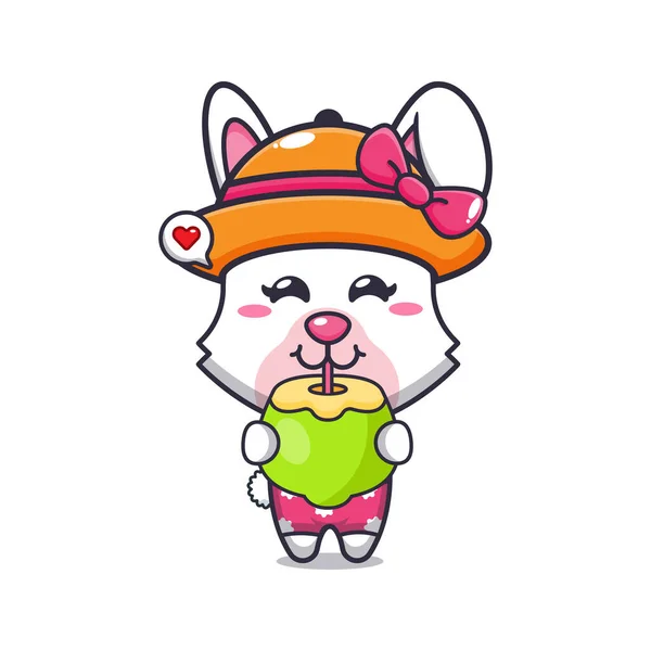 Cute Bunny Drink Fresh Coconut Cartoon Illustration Cute Summer Cartoon — Stockvector