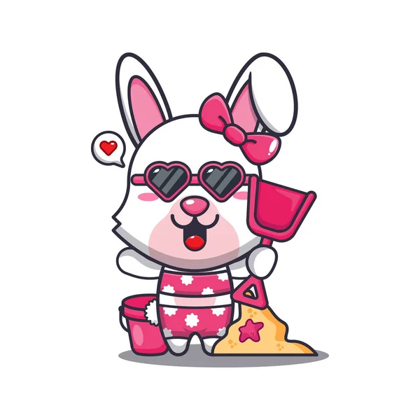 Cute Bunny Sunglasses Play Sand Beach Cartoon Illustration Cute Summer — Stockvector
