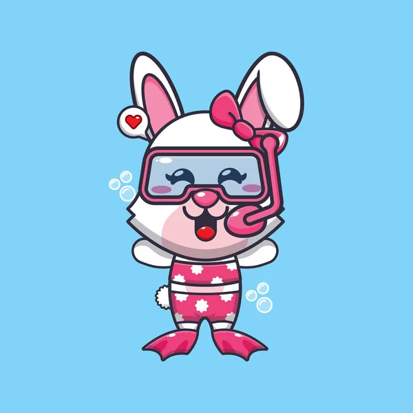 Cute Bunny Diving Cartoon Mascot Character Illustration Cute Summer Cartoon — Image vectorielle