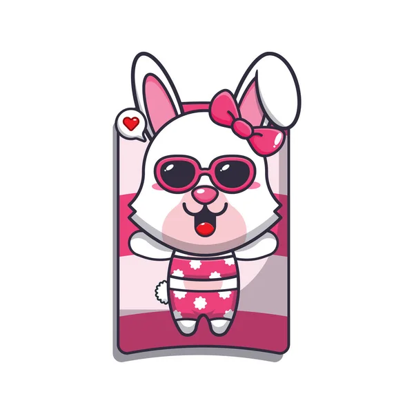 Cute Bunny Sunglasses Sleep Beach Cute Summer Cartoon Illustration — Stock Vector