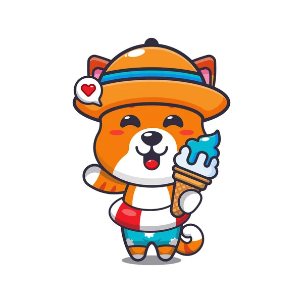 Cute Cat Ice Cream Beach Cartoon Illustration Cute Summer Cartoon — 图库矢量图片