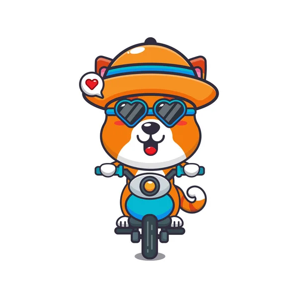 Cool Cat Sunglasses Riding Motorcycle Summer Day Cute Summer Cartoon — Stock vektor
