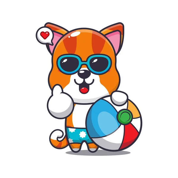 Cute Cat Sunglasses Beach Ball Cartoon Illustration Cute Summer Cartoon — Stock vektor