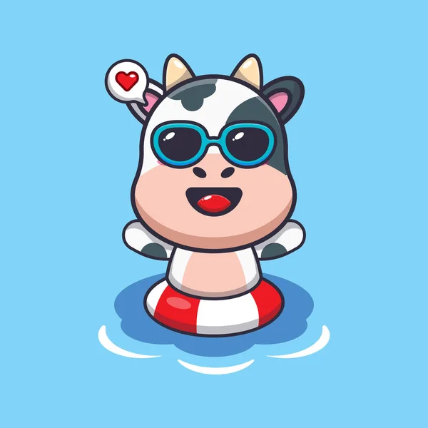 Cute Cow Sunglasses Swimming Beach Cute Summer Cartoon Illustration — Stock Vector