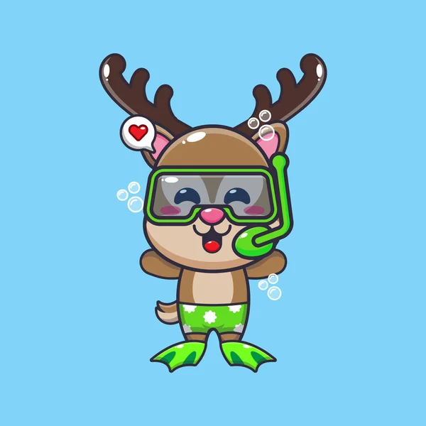Cute Deer Diving Cartoon Mascot Character Illustration Cute Summer Cartoon — Image vectorielle