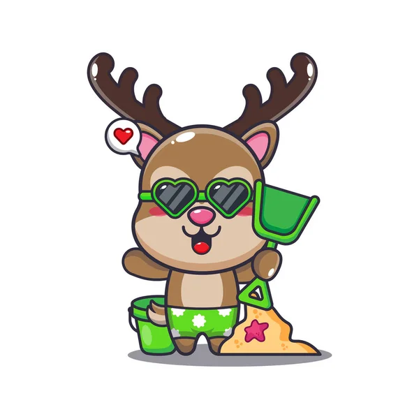 Cute Deer Sunglasses Play Sand Beach Cartoon Illustration Cute Summer — Stockový vektor
