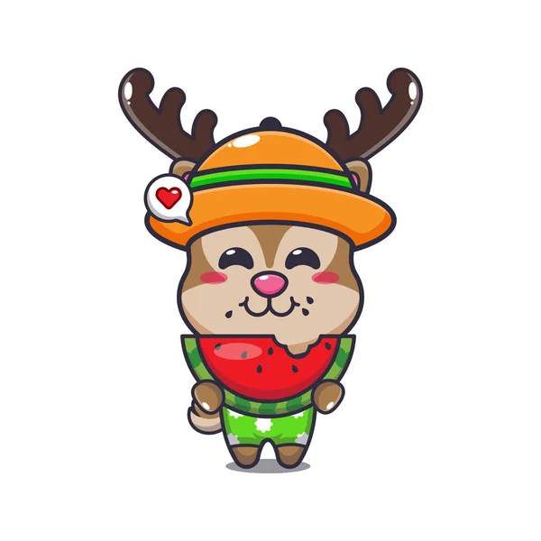 Cute Deer Eating Fresh Watermelon Cartoon Illustration Cute Summer Cartoon —  Vetores de Stock