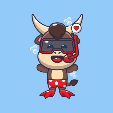 Cute bull diving cartoon mascot character illustration. Cute summer cartoon illustration.