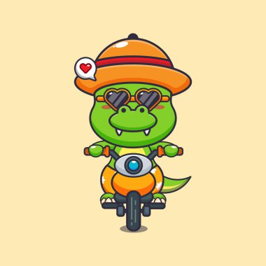 Cool dino with sunglasses riding a motorcycle in summer day. Cute summer cartoon illustration.