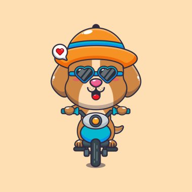 Cool dog with sunglasses riding a motorcycle in summer day. Cute summer cartoon illustration. 