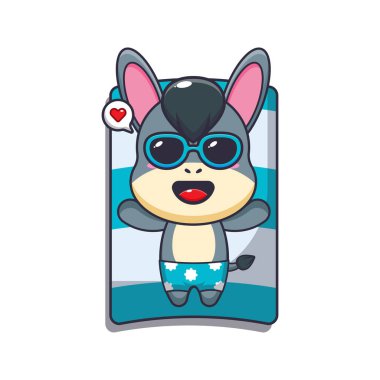 Cute donkey with sunglasses sleep on beach. Cute summer cartoon illustration. 