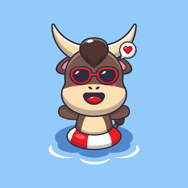 Cute Bull Sunglasses Swimming Beach Cute Summer Cartoon Illustration — Wektor stockowy