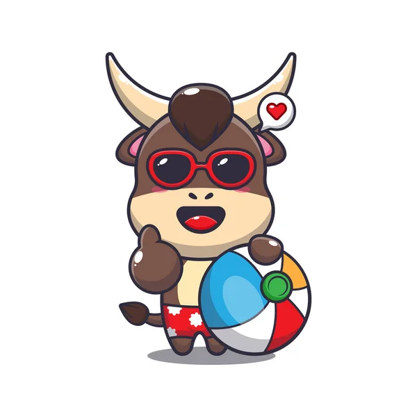 Cute Bull Sunglasses Beach Ball Cartoon Illustration Cute Summer Cartoon — Stock Vector