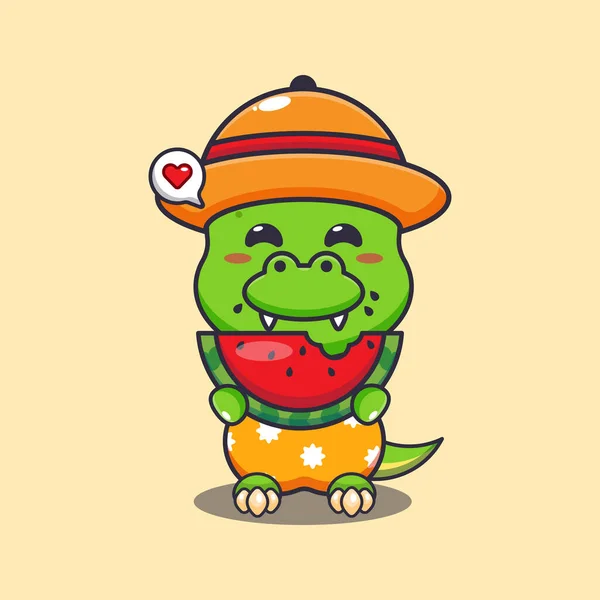Cute Dino Eating Fresh Watermelon Cartoon Illustration Cute Summer Cartoon — Wektor stockowy