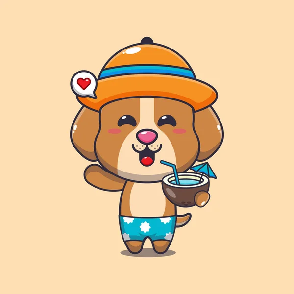 Cute Dog Drink Coconut Cartoon Illustration Cute Summer Cartoon Illustration — ストックベクタ
