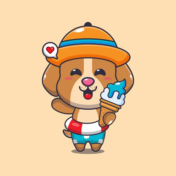 Cute Dog Ice Cream Beach Cartoon Illustration Cute Summer Cartoon — Stock Vector