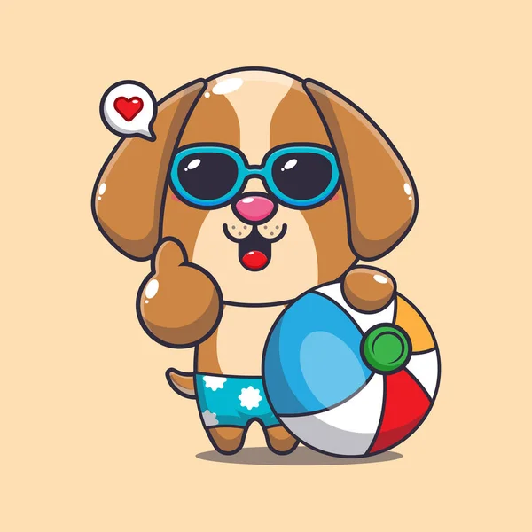 Cute Dog Sunglasses Beach Ball Cartoon Illustration Cute Summer Cartoon — Stock Vector