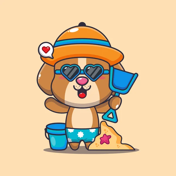 Cute Dog Sunglasses Play Sand Beach Cartoon Illustration Cute Summer — Archivo Imágenes Vectoriales