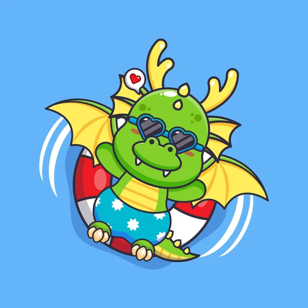 Cute Dragon Sunglasses Float Buoy Cute Summer Cartoon Illustration — Vettoriale Stock