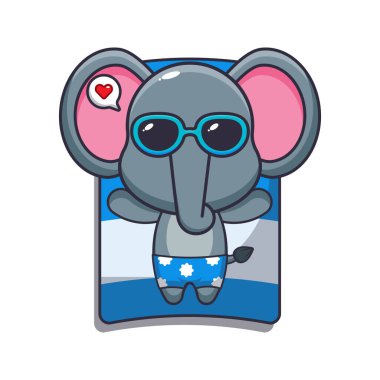 Cute elephant with sunglasses sleep on beach. Cute summer cartoon illustration. 