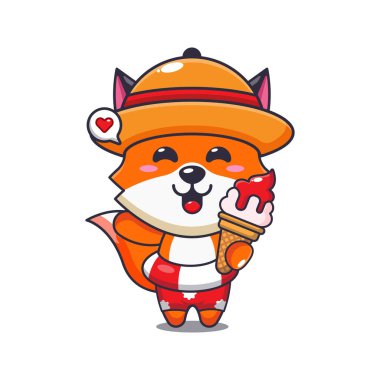 Cute fox with ice cream on beach cartoon illustration. Cute summer cartoon illustration. 