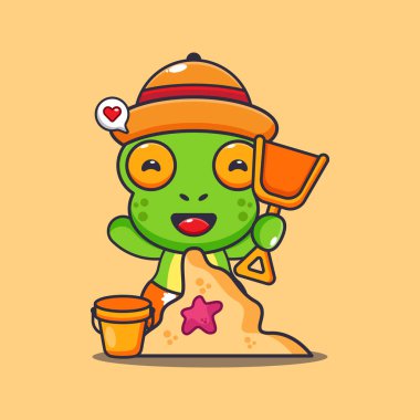 Cute frog in sunglasses play sand beach cartoon illustration. Cute summer cartoon illustration.