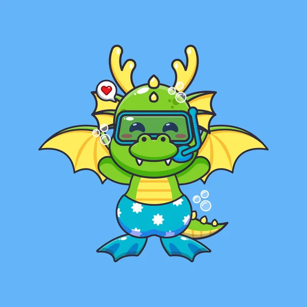Cute Dragon Diving Cartoon Mascot Character Illustration Cute Summer Cartoon — Vetor de Stock