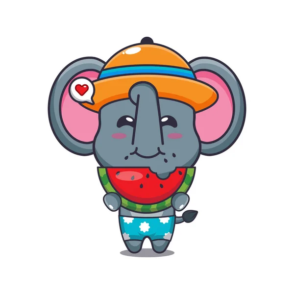Cute Elephant Eating Fresh Watermelon Cartoon Illustration Cute Summer Cartoon — Image vectorielle