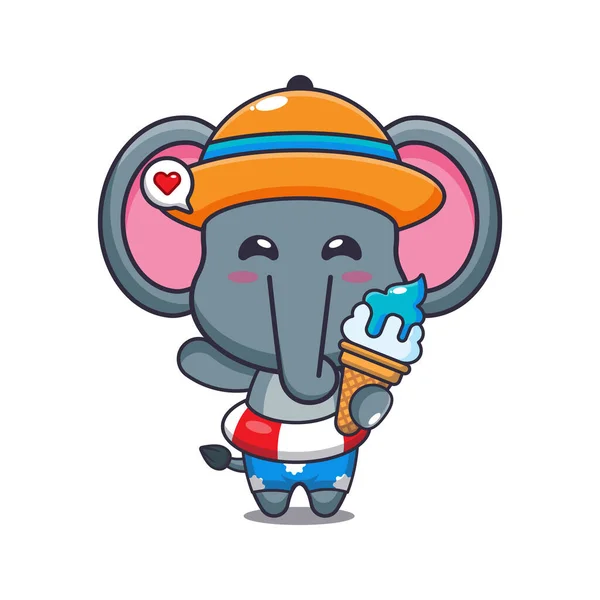 Cute Elephant Ice Cream Beach Cartoon Illustration Cute Summer Cartoon — Image vectorielle