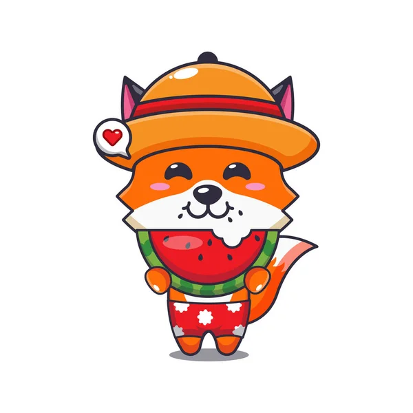Cute Fox Eating Fresh Watermelon Cartoon Illustration Cute Summer Cartoon — Διανυσματικό Αρχείο