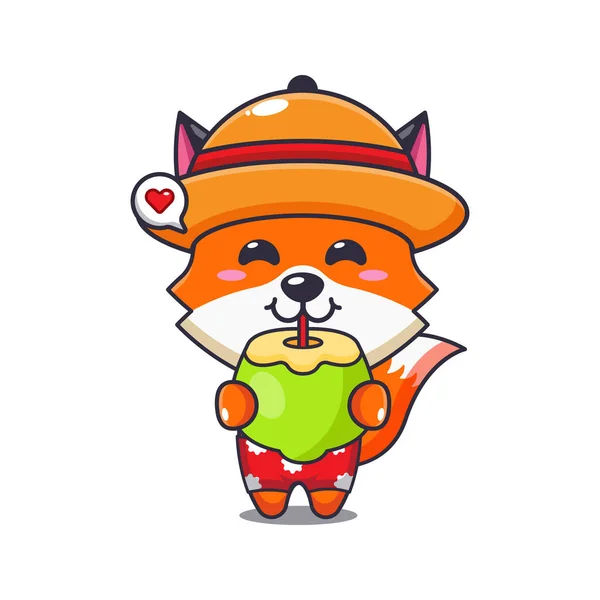 Cute Fox Drink Fresh Coconut Cartoon Illustration Cute Summer Cartoon — Stockový vektor