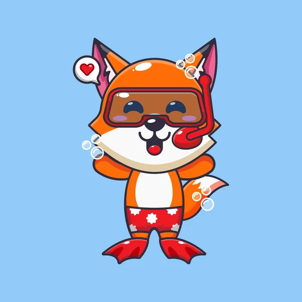 Cute Fox Diving Cartoon Mascot Character Illustration Cute Summer Cartoon — Stock Vector