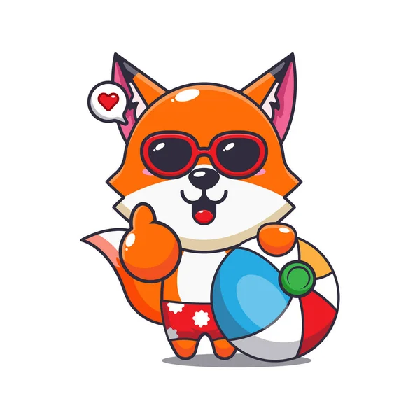 Cute Fox Sunglasses Beach Ball Cartoon Illustration Cute Summer Cartoon — Stockový vektor