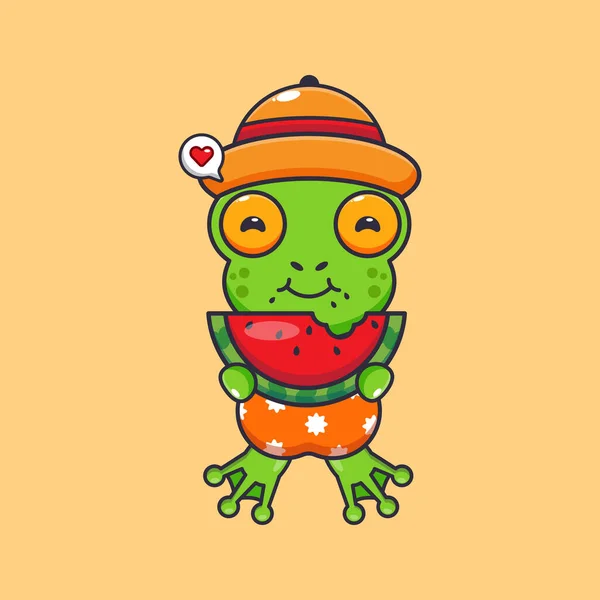 Cute Frog Eating Fresh Watermelon Cartoon Illustration Cute Summer Cartoon — ストックベクタ