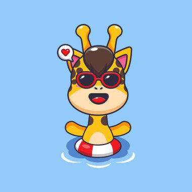 Cute giraffe in sunglasses swimming on beach. Cute summer cartoon illustration. 