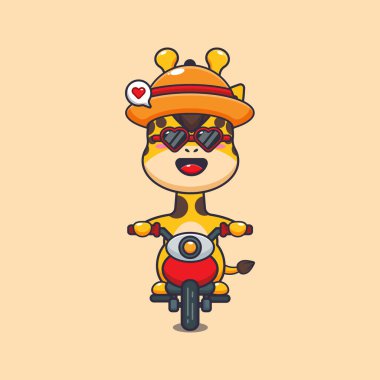 Cool giraffe with sunglasses riding a motorcycle in summer day. Cute summer cartoon illustration. 