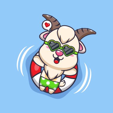 Güneş gözlüklü sevimli keçi şamandırayla yüzüyor. Güzel bir yaz çizgi filmi çizimi. 